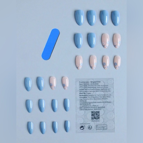 24pcs Long Almond Blue Solid Floral Print Press On Nail Set❤️ - Picture 2 of 5